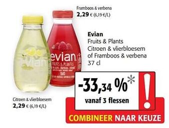 Colruyt Evian fruits + plants citroen + vlierbloesem of framboos + verbena 37 cl aanbieding