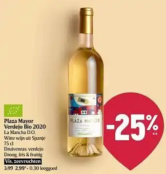 Plaza mayor verdejo bio 2020 la mancha d.o. witte wijn uit spanje