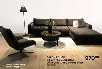 Salon rouge 2.5 zit + loungechair letto grey 1098 - zwarte poten 27719921