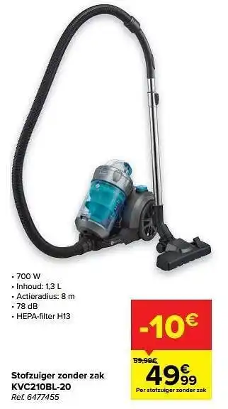 Carrefour Klindo stofzuiger zonder zak kvc210bl-20 aanbieding