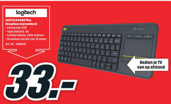 MediaMarkt Logitech K400 Plus Draadloos toetsenbord aanbieding