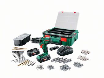 Hubo Bosch PSB 1800 LI-2 accu klopboorschroefmachine 18V Li-Ion met 2 accus + SystemBox + 241 accessoires aanbieding