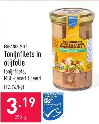 ALDI Espanisimo Tonijnfilets in olijfolie 250g aanbieding