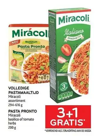 Volledige pastamaaltijd miracoli + pasta pronto miracoli 3+1 gratis