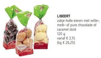 Spar Colruyt Libeert zakje holle eieren met witte- melk- of pure chocolade of caramel doré aanbieding