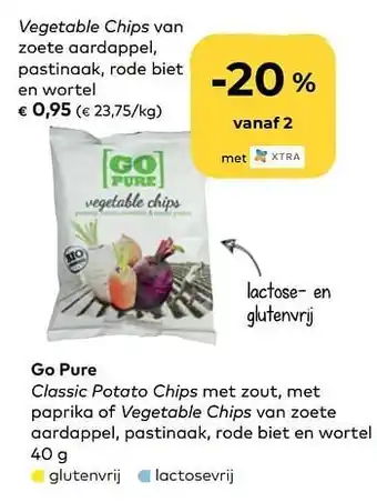 Bio Planet Go pure vegetable chips van zoete aardappel, pastinaak, rode biet en wortel 40g aanbieding