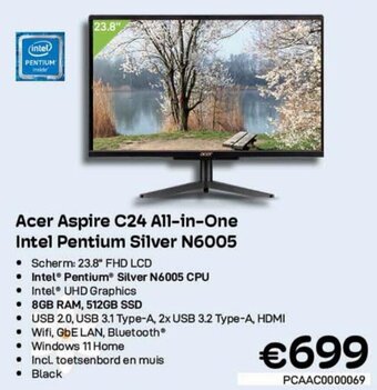 CompuDeals Acer Aspire C24 All-in-One Intel Pentium Silver N6005 aanbieding