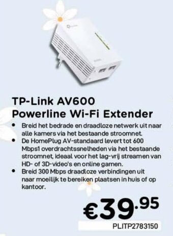 CompuDeals TP-Link AV600 Powerline Wi-Fi Extender aanbieding