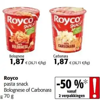 Colruyt Royco pasta snack bolognese of carbonara aanbieding
