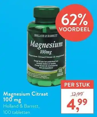 Holland & Barrett Magnesium citraat 100mg holland + barrett 100 tabletten aanbieding