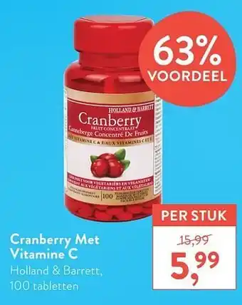 Holland & Barrett Cranberry met vitamine c holland + barrett 100 tabletten aanbieding