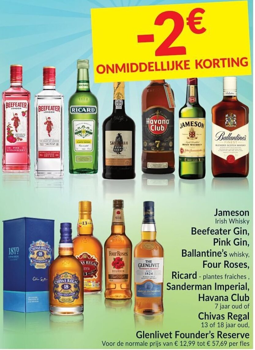 Jameson, Beefeater Gin, Pink Gin, Ballantine's whisky, Four Roses