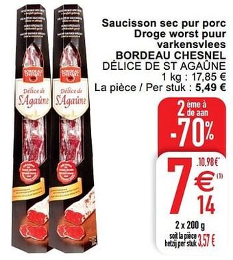 Cora Saucisson sec pur porc droge worst puur varkensvlees bordeau chesnel délice de st agaûne aanbieding
