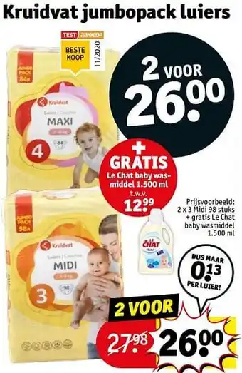 Kruidvat Kruidvat jumbopack luiers midi + gratis le chat baby wasmiddel aanbieding
