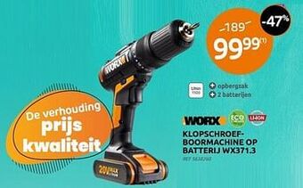 Brico Worx klopschroefboormachine op batterij wx371.3 aanbieding
