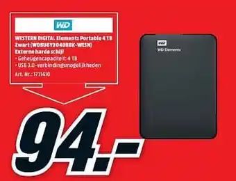 MediaMarkt Western digital elements portable 4 tb zwart (wdbu6y0040bbk-wesn) externe harde schijf aanbieding