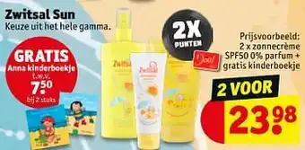 Kruidvat Zwitsal sun zonnecrème spf50 0% parfum + gratis kinderboekje aanbieding