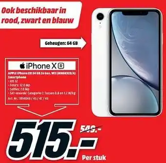 MediaMarkt Apple iphone xr 64 gb 2e gen. wit (mh6n3zd-a) smartphone aanbieding