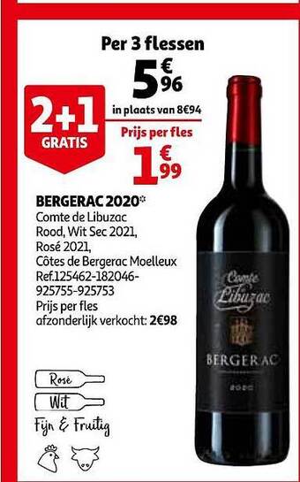Auchan Bergerac 2020 Comte De Libuzac Rood, Wit Sec 2021 Rosé 2021, Côtes De Bergerac Moelleux aanbieding
