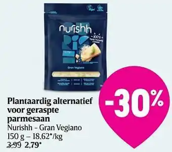 Delhaize Plantaardig alternatief voor geraspte parmesaan nurishh - gran vegiano aanbieding