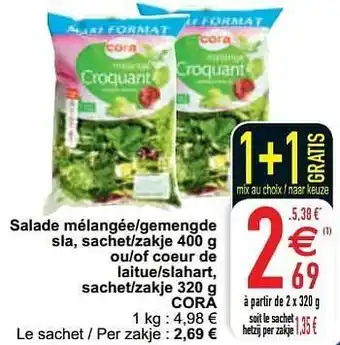 Cora Salade mélangée-gemengde sla, sachet-zakje ou-of coeur de laitue-slahart, sachet-zakje cora aanbieding