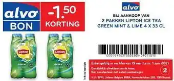 Alvo -1.50 korting bij aankoop van 2 pakken lipton ice tea green mint + lime 4 x 33 cl aanbieding