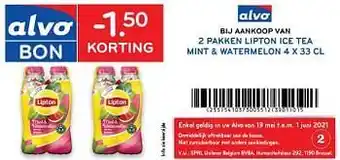 Alvo 1.50 korting bij aankoop van 2 pakken lipton ice tea green mint + watermelon 4 x 33 cl aanbieding