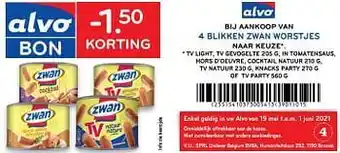Alvo -1.50 korting bij aankoop van 4 blikken zwan worstjes aanbieding