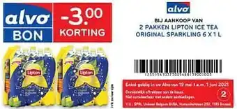 Alvo -3.00 korting bij aankoop van 2 pakken lipton ice tea original sparkling 6 x 1 l aanbieding