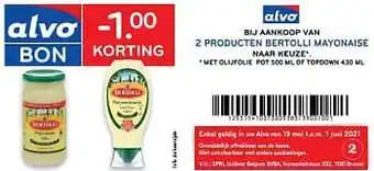 Alvo -1.00 korting bij aankoop van 2 producten bertolli mayonaise aanbieding