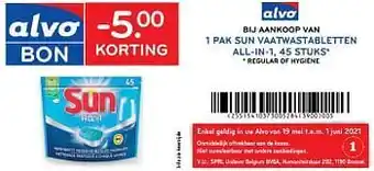 Alvo -5.00 korting bij aankoop van 1 pak sun vaatwastabletten all-in-1, 45 stuks aanbieding