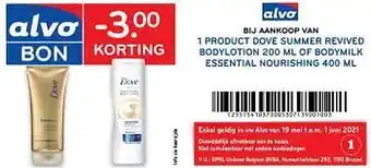 Alvo -3.00 korting bij aankoop van 1 product dove summer revived bodylotion 200 ml of bodymilk essential nourishing 400 ml aanbieding