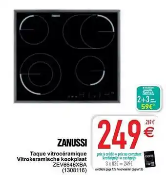 Cora Zanussi taque vitrocéramique vitrokeramische kookplaat zev6646xba aanbieding