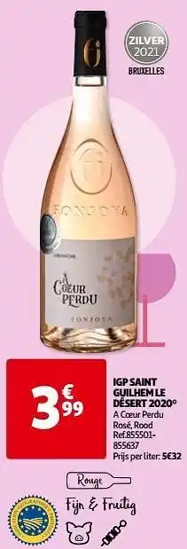 Auchan Igp saint guilhem le désert 2020 a coeur perdu rosé, rood aanbieding