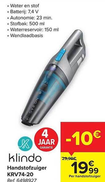 Carrefour Klindo Handstofzuiger Krv74-20 aanbieding