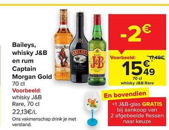 Carrefour Baileys Whisky J&b En Rum Captain Morgan Gold aanbieding