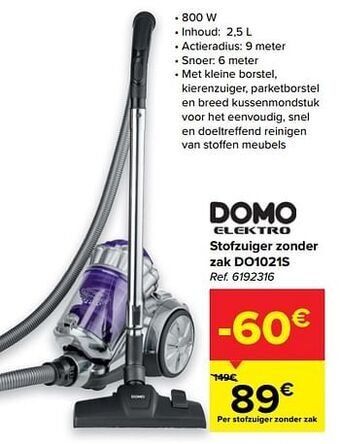 Carrefour Domo elektro stofzuiger zonder zak do1021s aanbieding