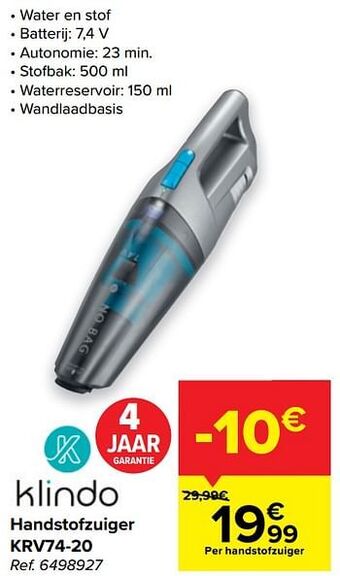 Carrefour Klindo handstofzuiger krv74-20 aanbieding
