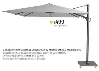 Platinum hangparasol challenger t2 aluminium 3x3 M lichtgrijs