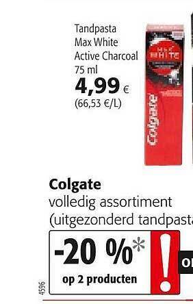 Colruyt Colgate Tandpasta Max White Active Charcoal aanbieding