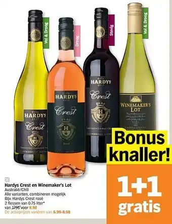 Albert Heijn Hardys crest en winemaker`s lot 1+1 Gratis aanbieding