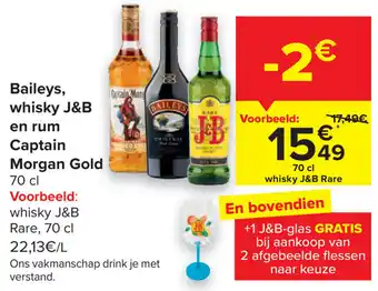 Carrefour Baileys, whisky J&B en rum Captain Morgan Gold aanbieding