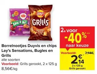 Carrefour Borrelnootjes Duyvis en chips Lay's Sensations, Bugles en Grills aanbieding