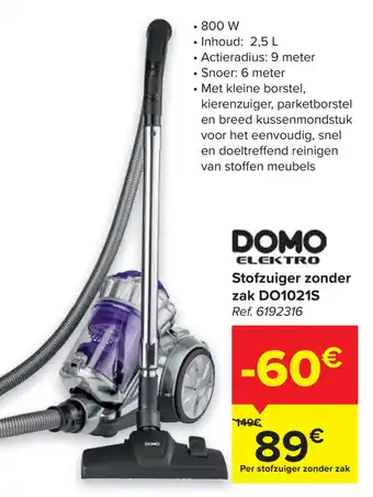 Carrefour Domo Elektro Stofzuiger zonder zak DO1021S aanbieding