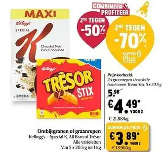 Kellogg`s graanrepen chocolade hazelnoten, trésor stix
