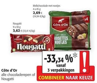 Colruyt Côte d`or alle chocoladerepen of nougatti aanbieding