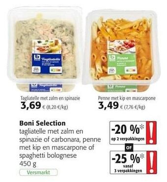 Colruyt Boni selection tagliatelle met zalm en spinazie of carbonara, penne met kip en mascarpone of spaghetti bolognese aanbieding