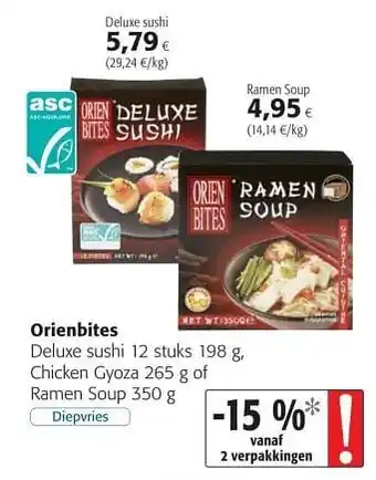 Colruyt Orienbites deluxe sushi chicken cyoza of ramen soup aanbieding