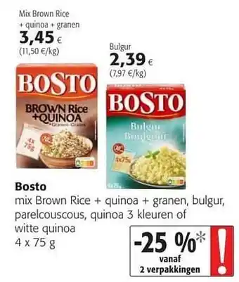 Colruyt Bosto mix brown rice + quinoa + granen, bulgur, parelcouscous, quinoa 3 kleuren of witte quinoa aanbieding