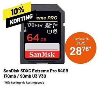 Sandisk sdxc extreme pro 64gb 170mb - 90mb u3 v30